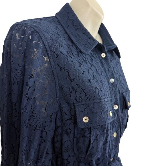 Marla Wynne Collection Navy Lace Sheer Sleeves Belted Button Up Top Blouse sz S - Picture 4 of 16